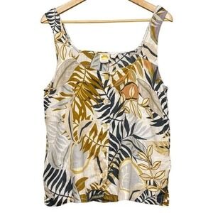 C&C California Womens Linen Tank Top Sleeveless Button Front Sz Large Leaf Print